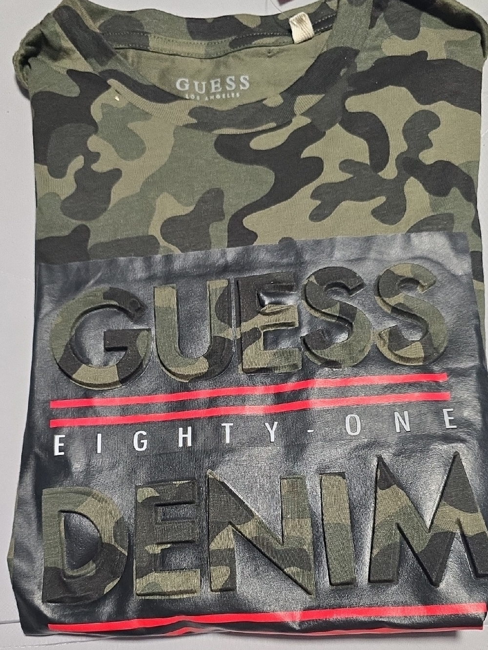 Guess Camouflage Logo Tee in Olive and Black with Red Accents